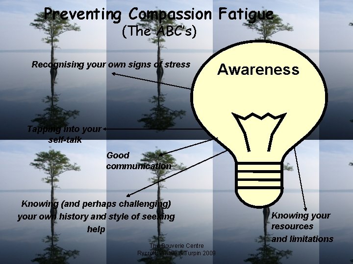 Preventing Compassion Fatigue (The ABC’s) Recognising your own signs of stress Awareness Tapping into