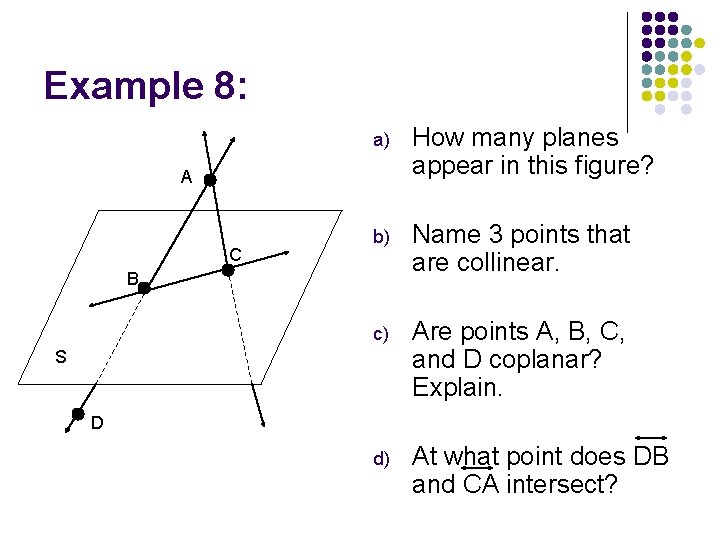 Example 8: a) How many planes appear in this figure? b) Name 3 points