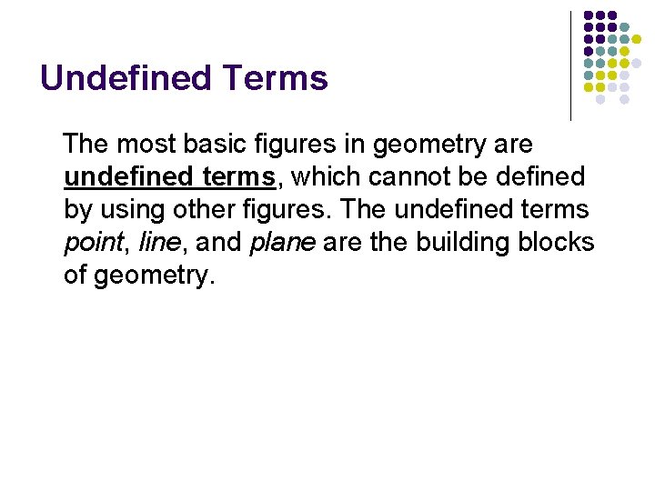 Undefined Terms The most basic figures in geometry are undefined terms, which cannot be