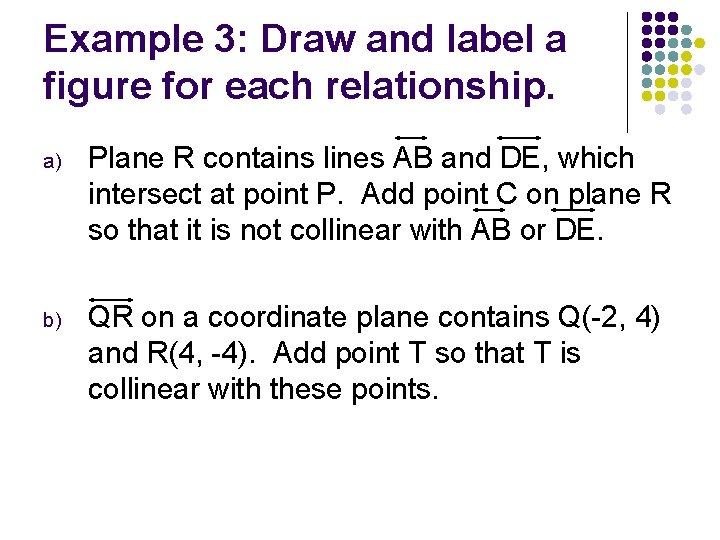 Example 3: Draw and label a figure for each relationship. a) Plane R contains