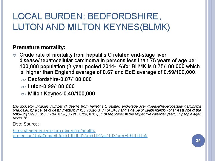 LOCAL BURDEN: BEDFORDSHIRE, LUTON AND MILTON KEYNES(BLMK) Premature mortality: Crude rate of mortality from