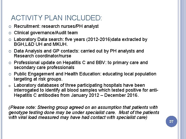 ACTIVITY PLAN INCLUDED: o Recruitment: research nurses/PH analyst Clinical governance/Audit team Laboratory Data search: