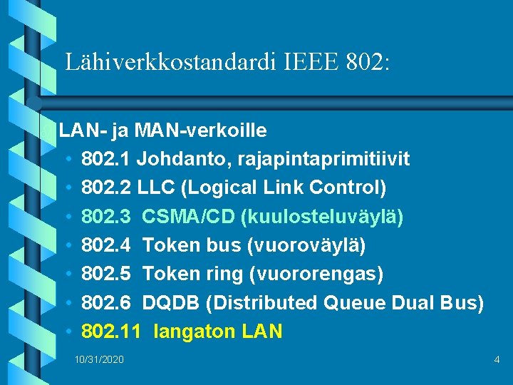 Lähiverkkostandardi IEEE 802: b LAN- ja MAN-verkoille • 802. 1 Johdanto, rajapintaprimitiivit • 802.