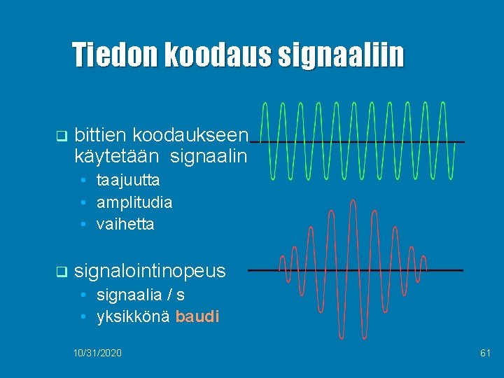 Tiedon koodaus signaaliin q bittien koodaukseen käytetään signaalin • taajuutta • amplitudia • vaihetta