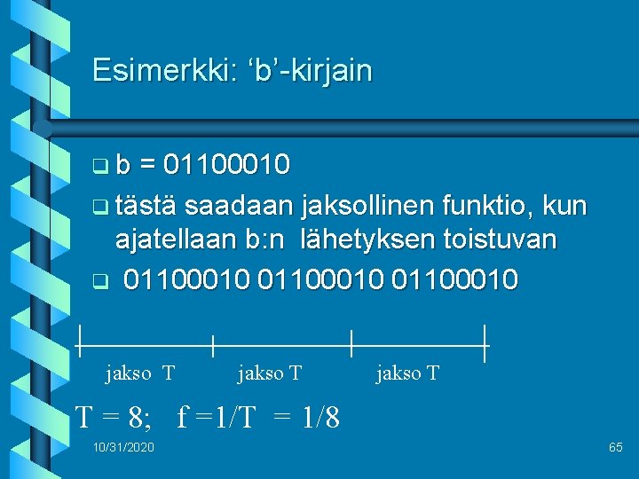 Esimerkki: ‘b’-kirjain qb = 01100010 q tästä saadaan jaksollinen funktio, kun ajatellaan b: n