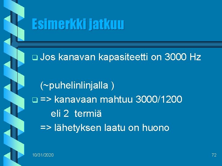 Esimerkki jatkuu q Jos kanavan kapasiteetti on 3000 Hz (~puhelinlinjalla ) q => kanavaan