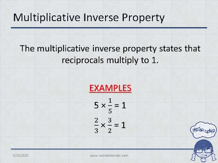 Multiplicative Inverse Property • 9/15/2020 www. numberbender. com 13 