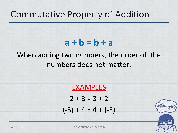 Commutative Property of Addition a+b=b+a When adding two numbers, the order of the numbers