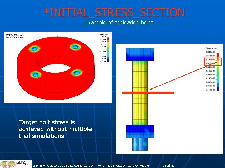 *INITIAL_STRESS_SECTION Example of preloaded bolts Target bolt stress is achieved without multiple trial simulations. *INITIAL_STRESS_SECTION Example of preloaded bolts Target bolt stress is achieved without multiple trial simulations.