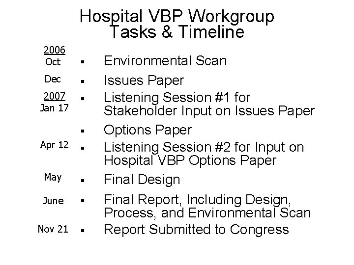 Hospital VBP Workgroup Tasks & Timeline 2006 Oct § Dec § 2007 Jan 17