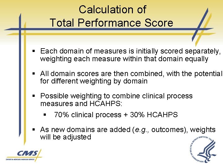 Calculation of Total Performance Score § Each domain of measures is initially scored separately,