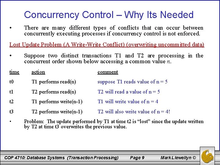 Concurrency Control – Why Its Needed • There are many different types of conflicts