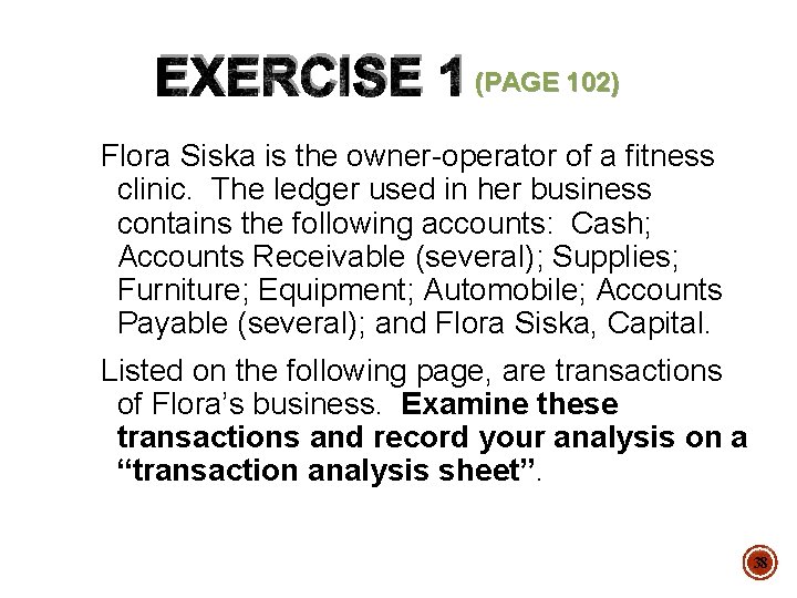 EXERCISE 1 (PAGE 102) Flora Siska is the owner-operator of a fitness clinic. The