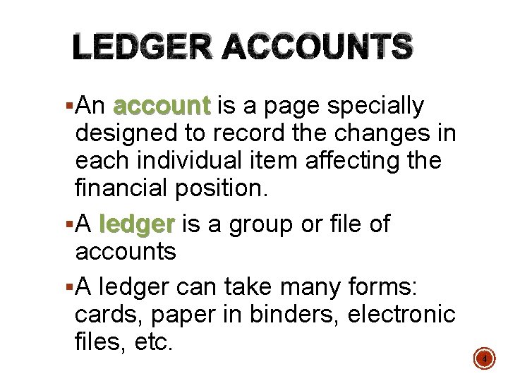 LEDGER ACCOUNTS §An account is a page specially account designed to record the changes