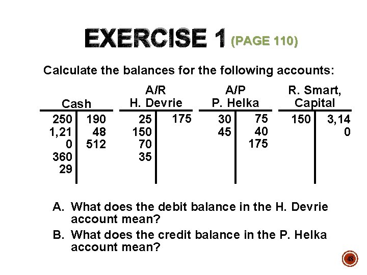 EXERCISE 1 (PAGE 110) Calculate the balances for the following accounts: Cash 250 190