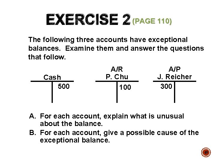 EXERCISE 2 (PAGE 110) The following three accounts have exceptional balances. Examine them and