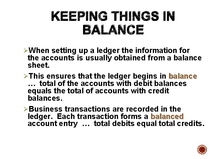 KEEPING THINGS IN BALANCE ØWhen setting up a ledger the information for the accounts