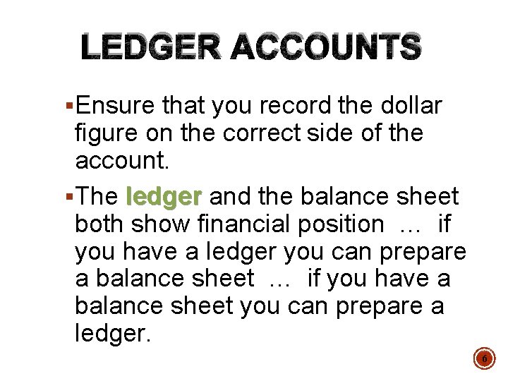 LEDGER ACCOUNTS §Ensure that you record the dollar figure on the correct side of