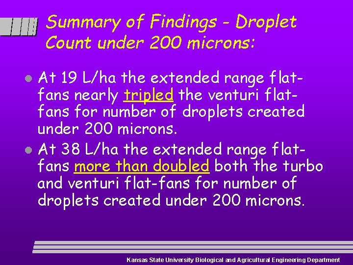 Summary of Findings - Droplet Count under 200 microns: At 19 L/ha the extended