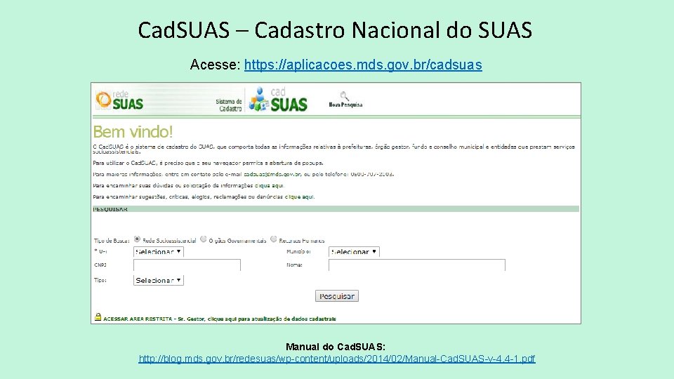 Cad. SUAS – Cadastro Nacional do SUAS Acesse: https: //aplicacoes. mds. gov. br/cadsuas Manual