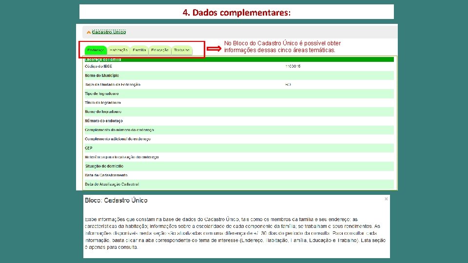 4. Dados complementares: No Bloco do Cadastro Único é possível obter informações dessas cinco