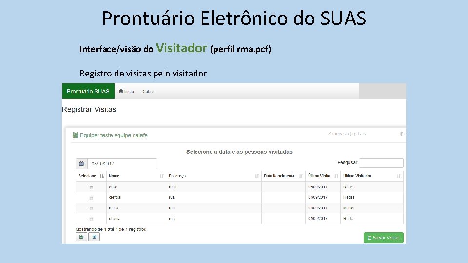 Prontuário Eletrônico do SUAS Interface/visão do Visitador (perfil rma. pcf) Registro de visitas pelo