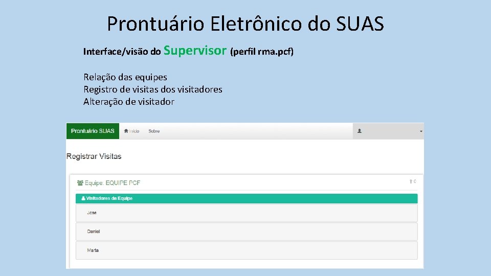 Prontuário Eletrônico do SUAS Interface/visão do Supervisor (perfil rma. pcf) Relação das equipes Registro