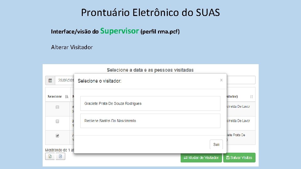 Prontuário Eletrônico do SUAS Interface/visão do Supervisor (perfil rma. pcf) Alterar Visitador 
