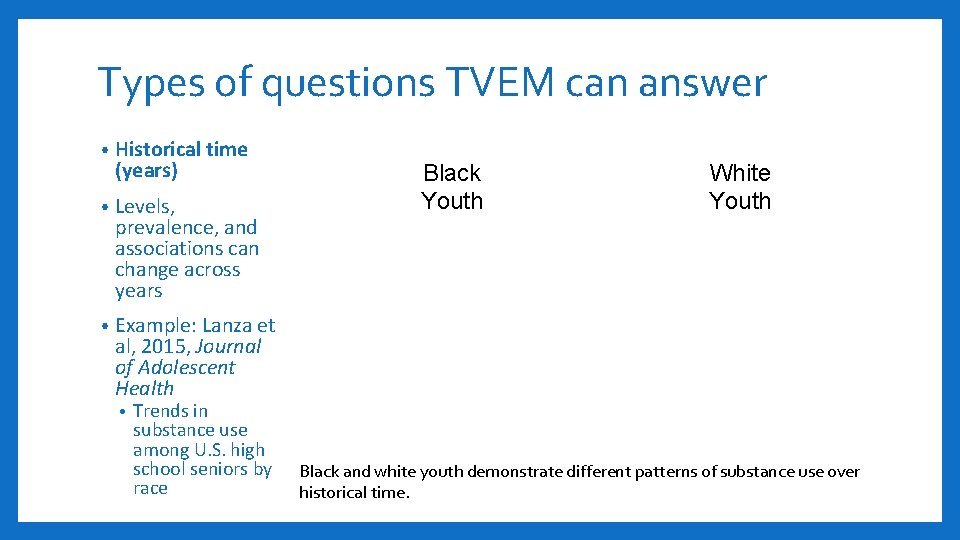 Types of questions TVEM can answer • Historical time (years) • Levels, prevalence, and