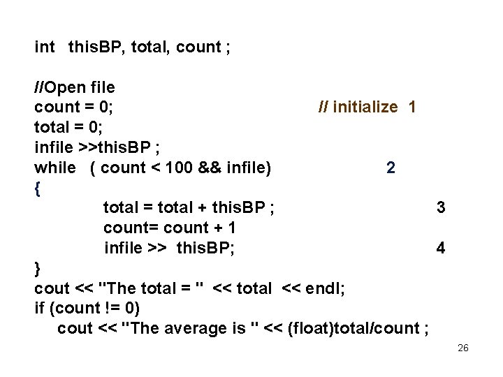 int this. BP, total, count ; //Open file count = 0; // initialize 1