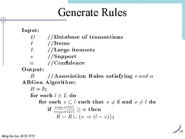 Generate Rules 14 Ming-Yen Lin, IECS, FCU 