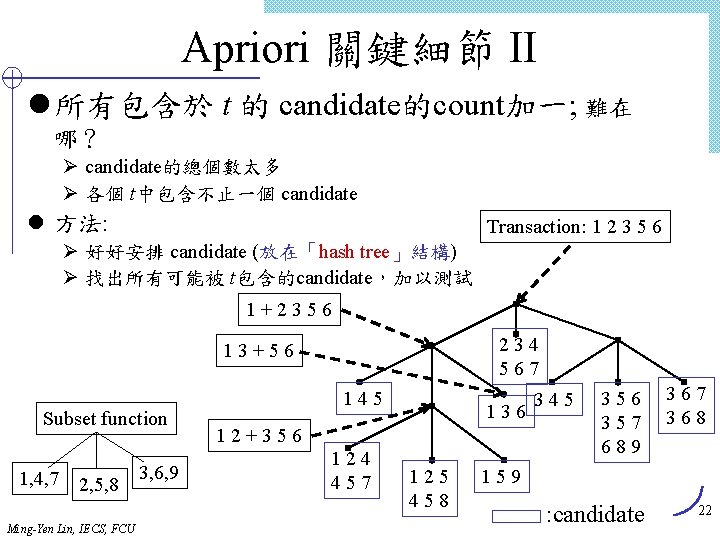 Apriori 關鍵細節 II l 所有包含於 t 的 candidate的count加一; 難在 哪？ Ø candidate的總個數太多 Ø 各個