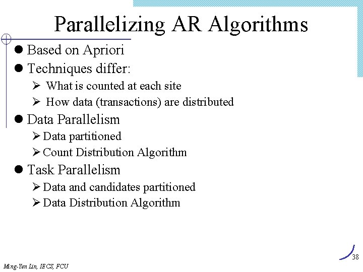 Parallelizing AR Algorithms l Based on Apriori l Techniques differ: Ø What is counted