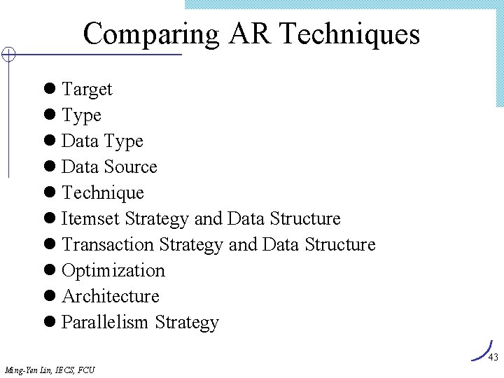 Comparing AR Techniques l Target l Type l Data Source l Technique l Itemset