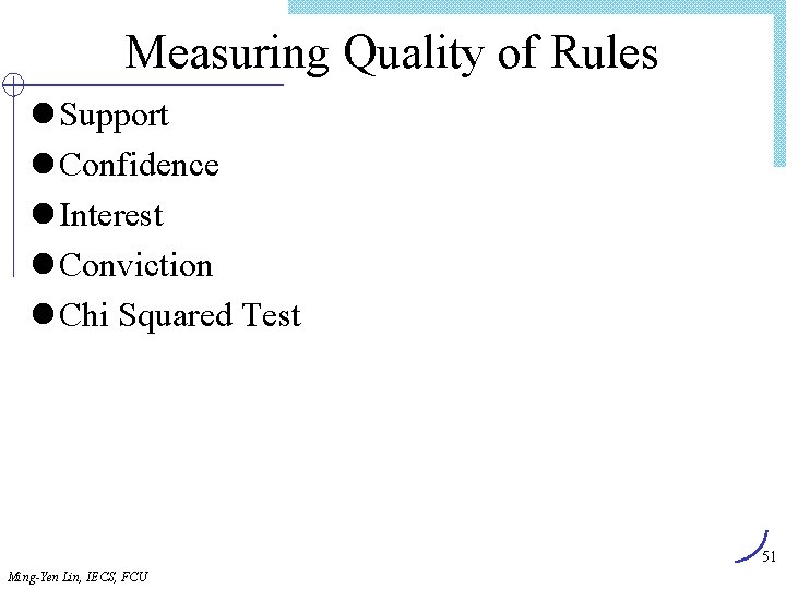 Measuring Quality of Rules l Support l Confidence l Interest l Conviction l Chi