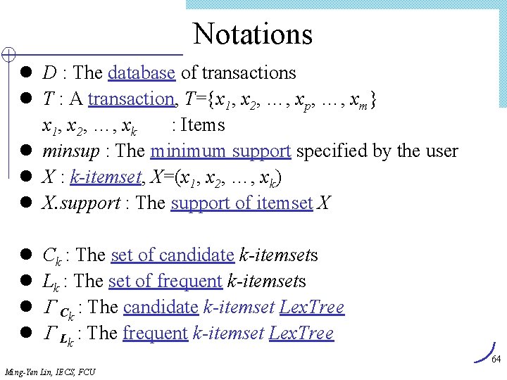 Notations l D : The database of transactions l T : A transaction, T={x