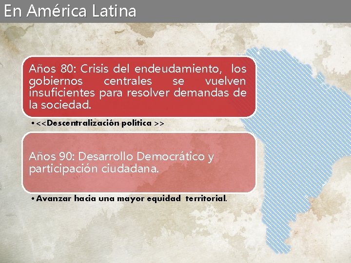 En América Latina Años 80: Crisis del endeudamiento, los gobiernos centrales se vuelven insuficientes