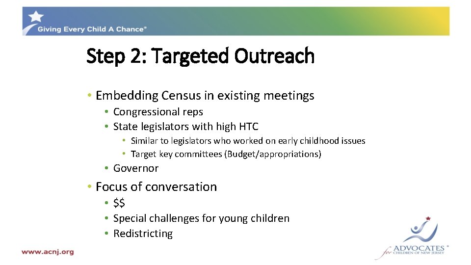 Step 2: Targeted Outreach • Embedding Census in existing meetings • Congressional reps •