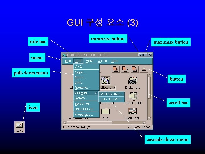 GUI 구성 요소 (3) title bar minimize button maximize button menu pull-down menu button