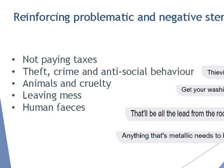 Reinforcing problematic and negative ster • • • Not paying taxes Theft, crime and