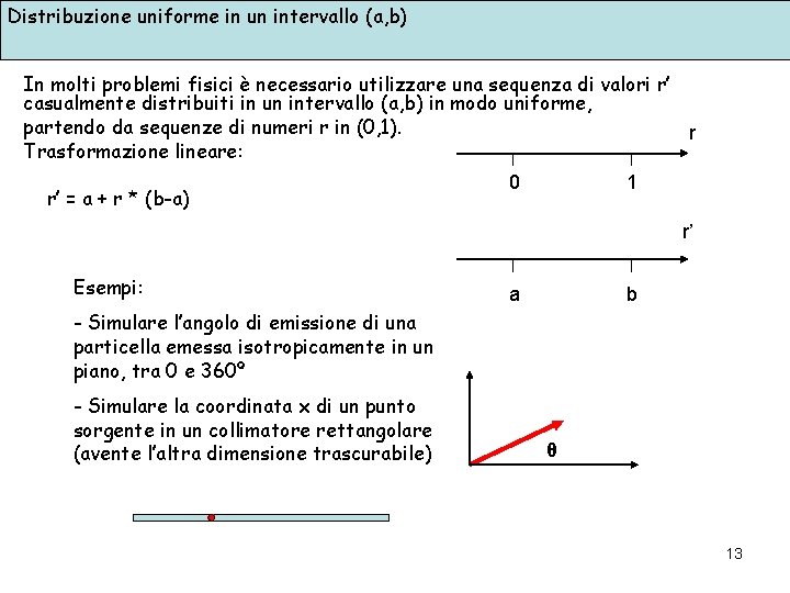 Distribuzione uniforme in un intervallo (a, b) In molti problemi fisici è necessario utilizzare