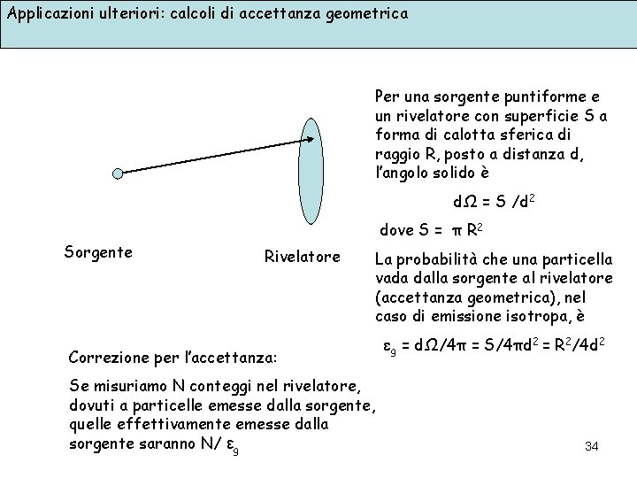 Applicazioni ulteriori: calcoli di accettanza geometrica Per una sorgente puntiforme e un rivelatore con