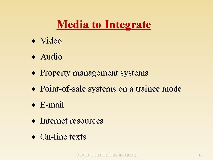 Media to Integrate · Video · Audio · Property management systems · Point-of-sale systems