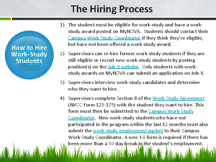 The Hiring Process 2 How to Hire Work-Study Students 1) The student must be