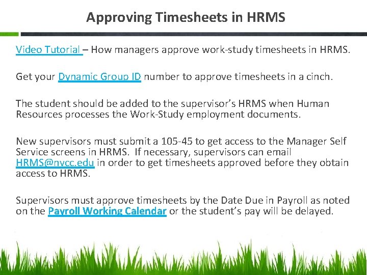 Approving Timesheets in HRMS Video Tutorial – How managers approve work-study timesheets in HRMS.