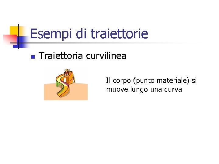 Esempi di traiettorie n Traiettoria curvilinea Il corpo (punto materiale) si muove lungo una