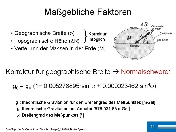 Maßgebliche Faktoren • Geographische Breite (φ) Korrektur möglich • Topographische Höhe (∆R) • Verteilung