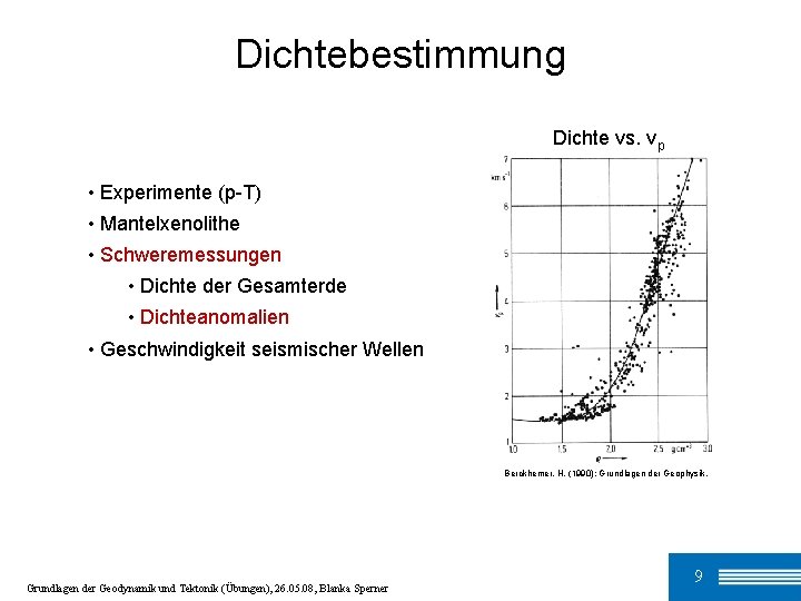 Dichtebestimmung Dichte vs. vp • Experimente (p-T) • Mantelxenolithe • Schweremessungen • Dichte der