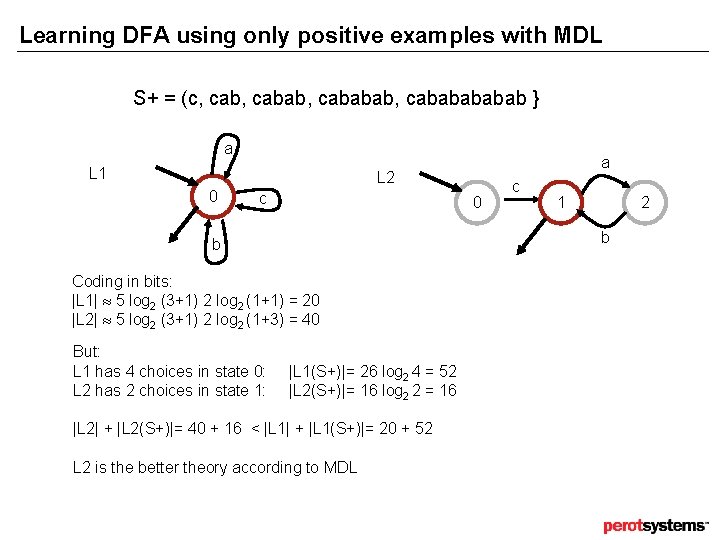 Learning DFA using only positive examples with MDL S+ = (c, cabab, cababababab } Learning DFA using only positive examples with MDL S+ = (c, cabab, cababababab }