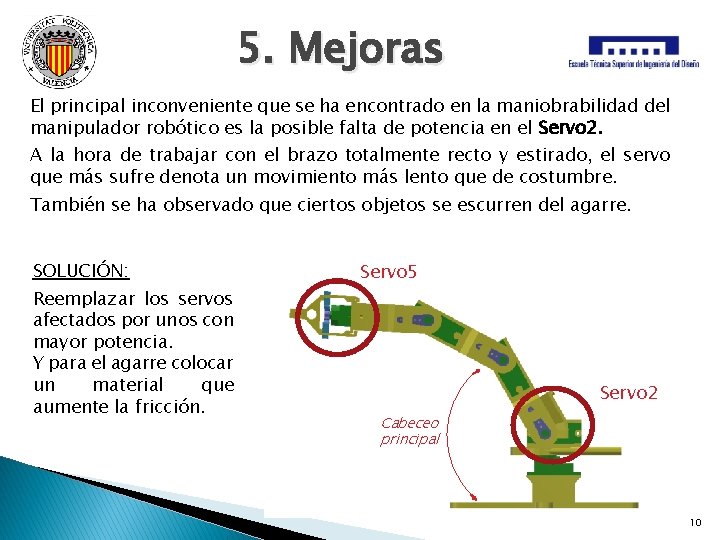 5. Mejoras El principal inconveniente que se ha encontrado en la maniobrabilidad del manipulador